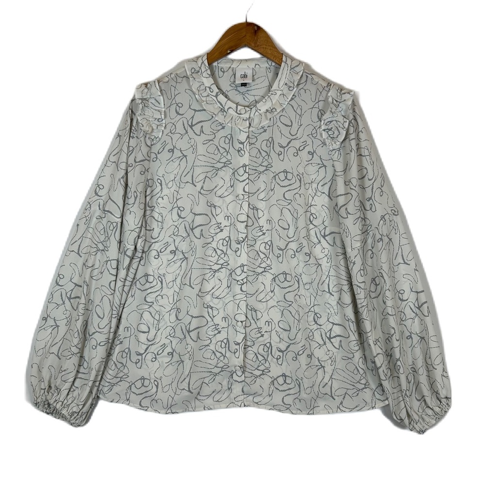 Cabi 4232 Women White Blue Abstract Scribble Ruffle Collar Button Blouse Large